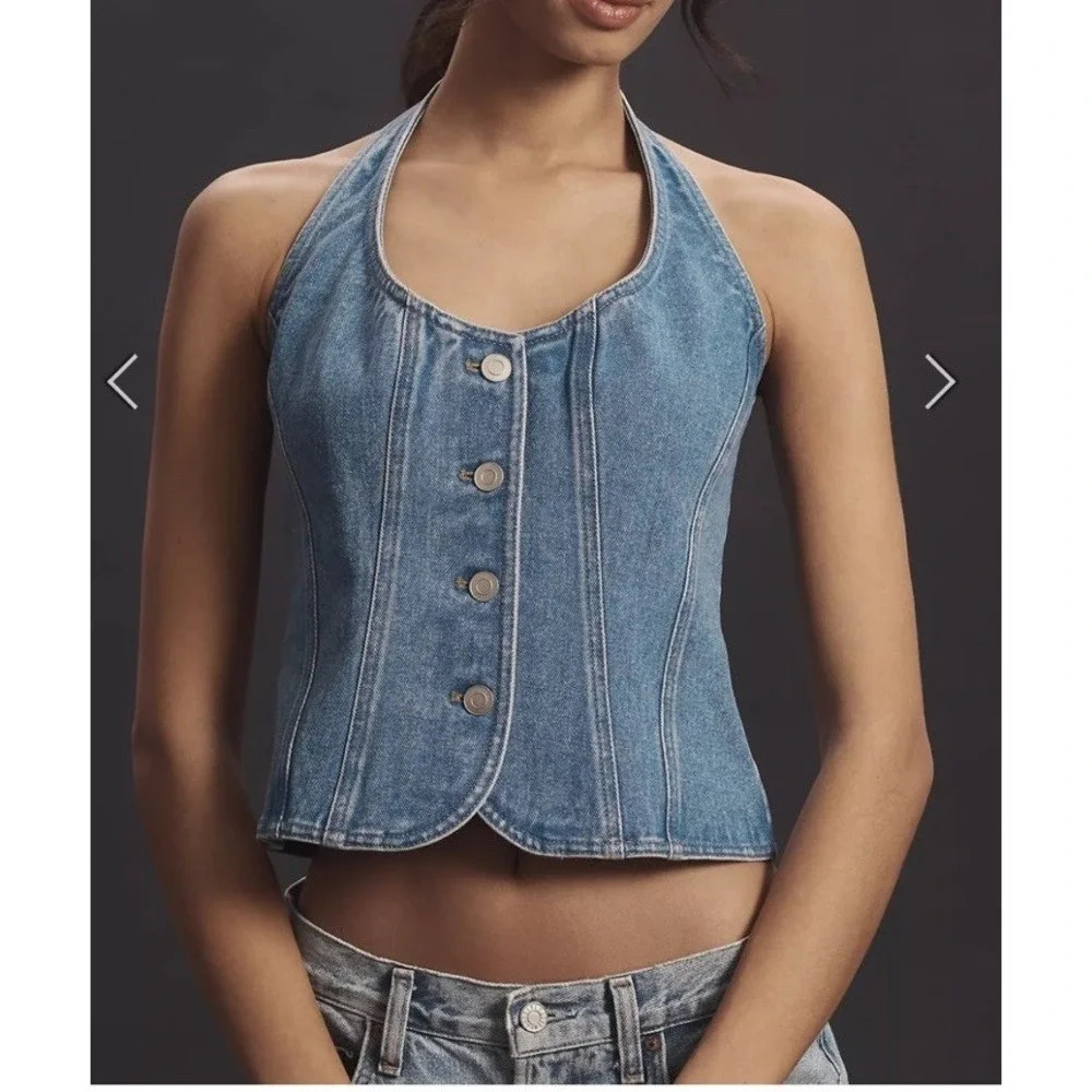 Mare Mare Halter Shrunken Denim Vest Top XXS Anthropologie Womens Blouse Jean - Picture 1 of 8